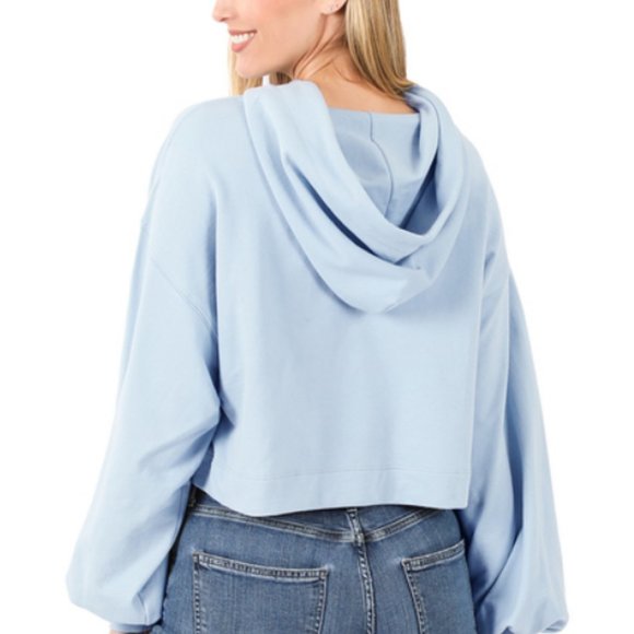 ASH BLUE FRENCH TERRY DROP SHOULDER CROPPED HOODIE - Picture 2 of 3